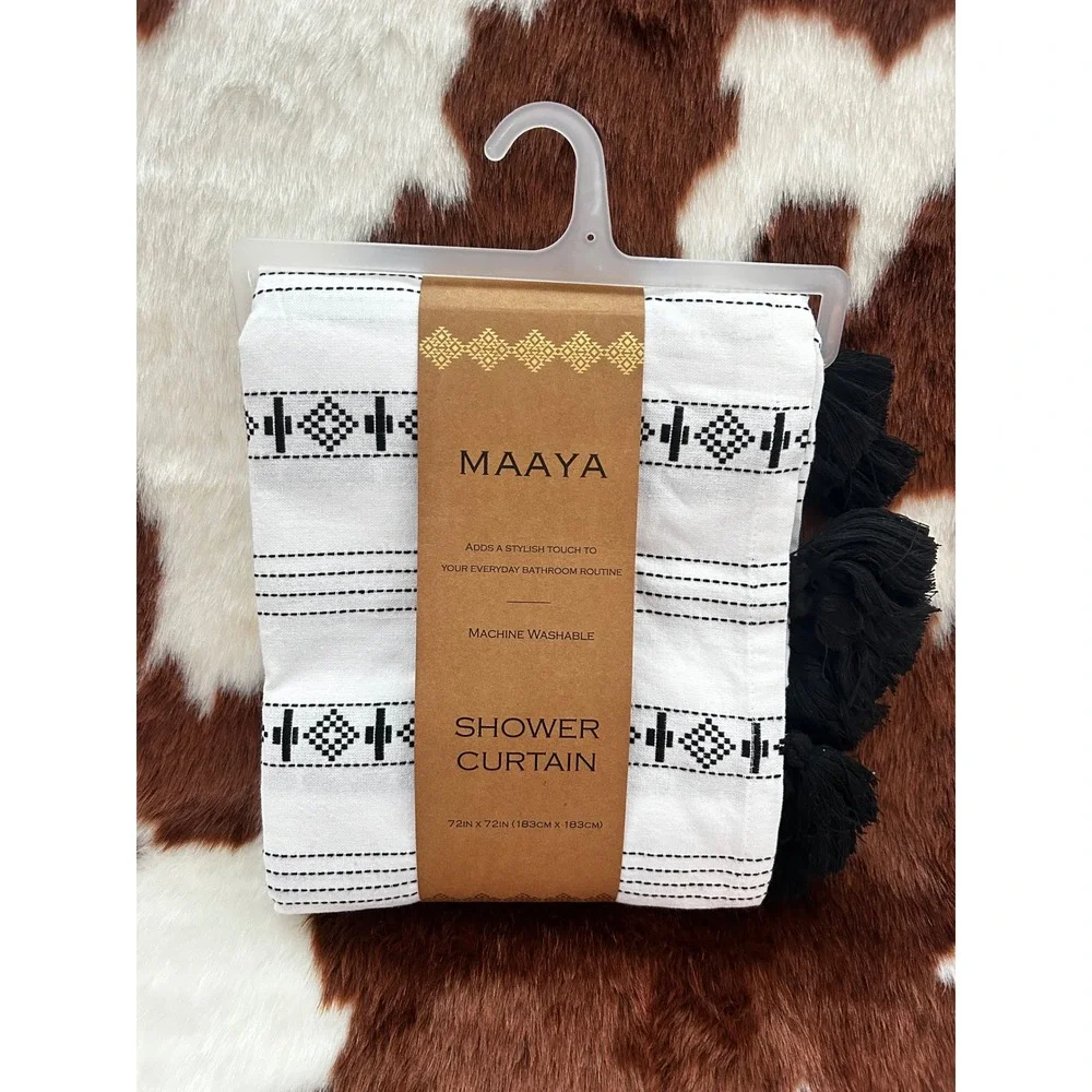 Maaya Boho‎ Embroidered Tassel Shower Curtain White Black Geometric